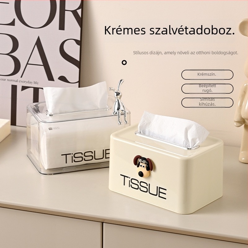 Quna Vastag PET Krém Színű Papírzsebkendő Doboz Emelő Rugós Mechanizmussal — Asztali Tároló