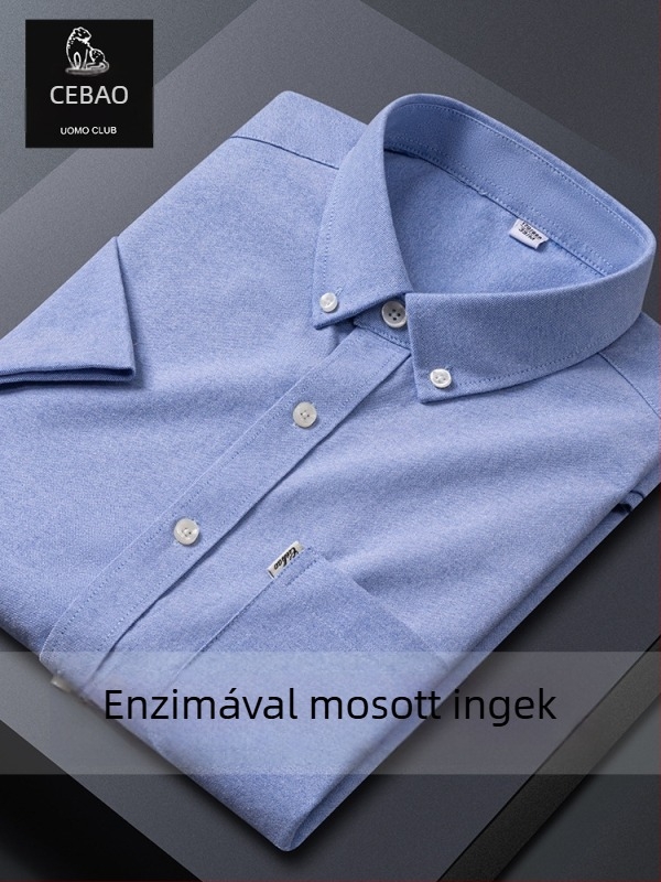 Férfi Oxford ing 100% pamutból, rövid ujjú, vasalásmentes, gyűrődésálló, üzleti casual stílus, egyszínű