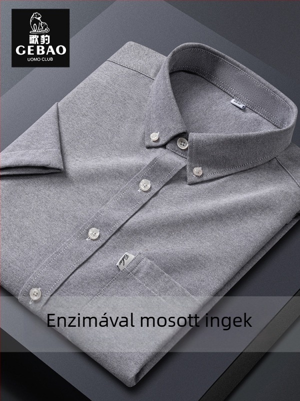 Férfi Oxford ing 100% pamutból, rövid ujjú, vasalásmentes, gyűrődésálló, üzleti casual stílus, egyszínű