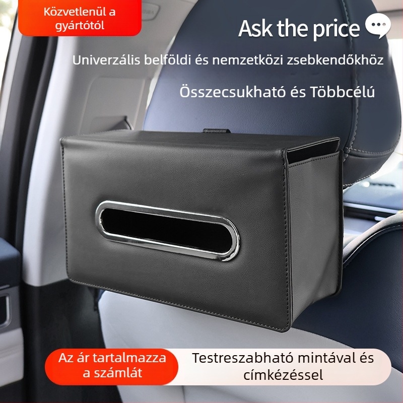 Bőr autózsebkendő-doboz függő kivitelben a hátsó üléshez, kompakt zsebkendő-adagoló, méretek 24 x 13,5 x 9 cm