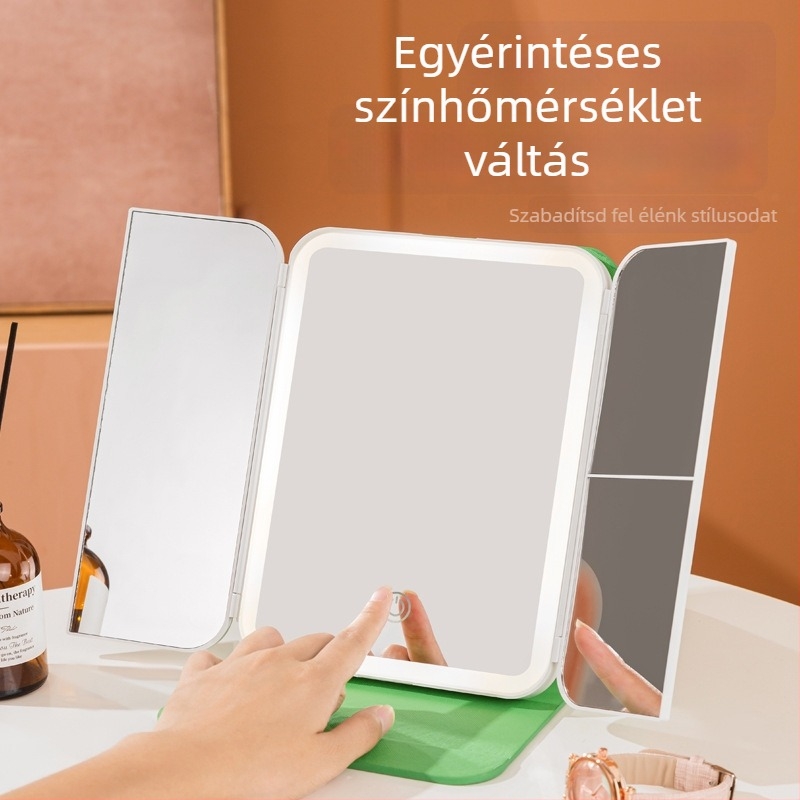 LED sminktükör fényes világítással, összecsukható asztali sminktükör Ins stílusban, háromrészes LED tükör