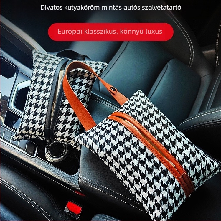 Houndstooth mintás autós zsebkendő-tartó, akasztós tároló a hátsó üléshez