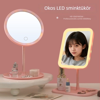 LED sminktükör világítással, hordozható, újratölthető asztali tükör, forgatható