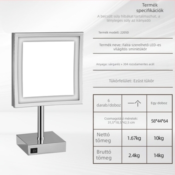 8 colos LED sminktükör az asztalra, négyszögletes nagyító, európai stílus, egyoldalas