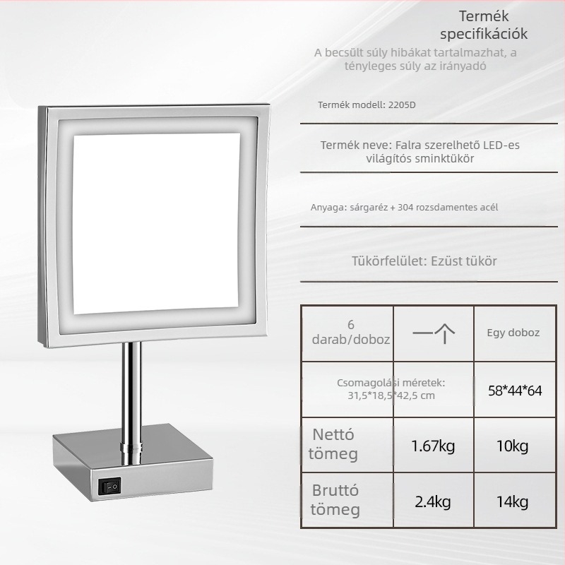 8 colos LED sminktükör az asztalra, négyszögletes nagyító, európai stílus, egyoldalas