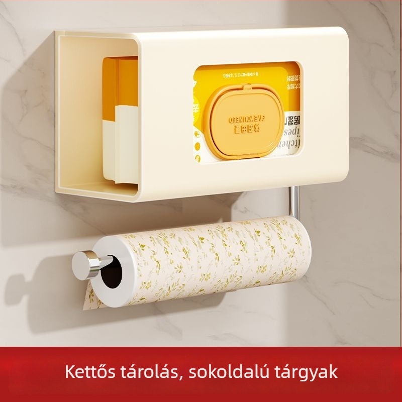 Fali, fúrás nélküli, többfunkciós tartó papírrollákhoz és nedves törlőkendőkhöz – konyha és fürdőszoba