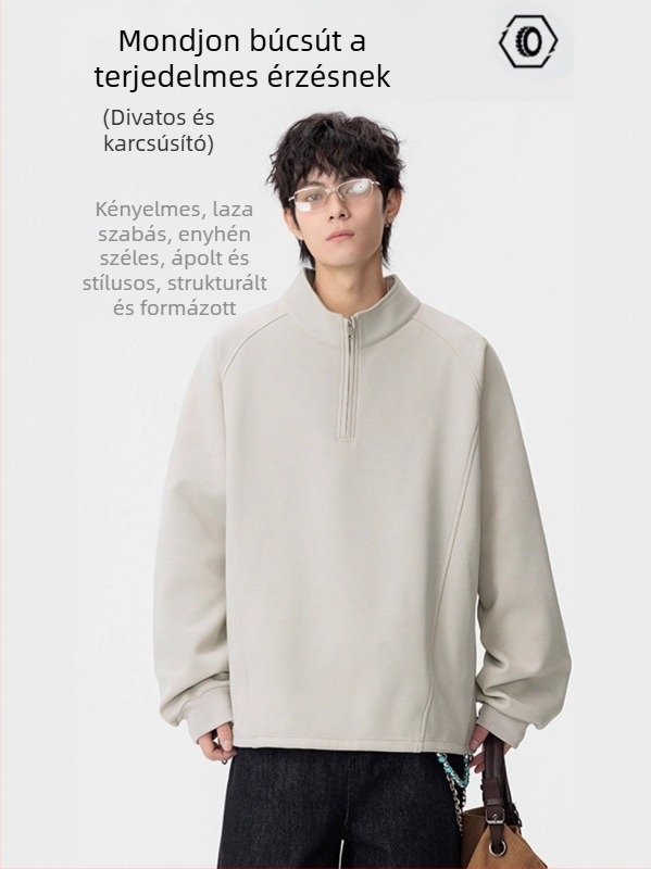 Súlyos, oversize fél-zip pulóver férfiaknak, casual szabás, hosszú ujjú, álló gallér, egyszínű, laza vonal, fleece-belsővel