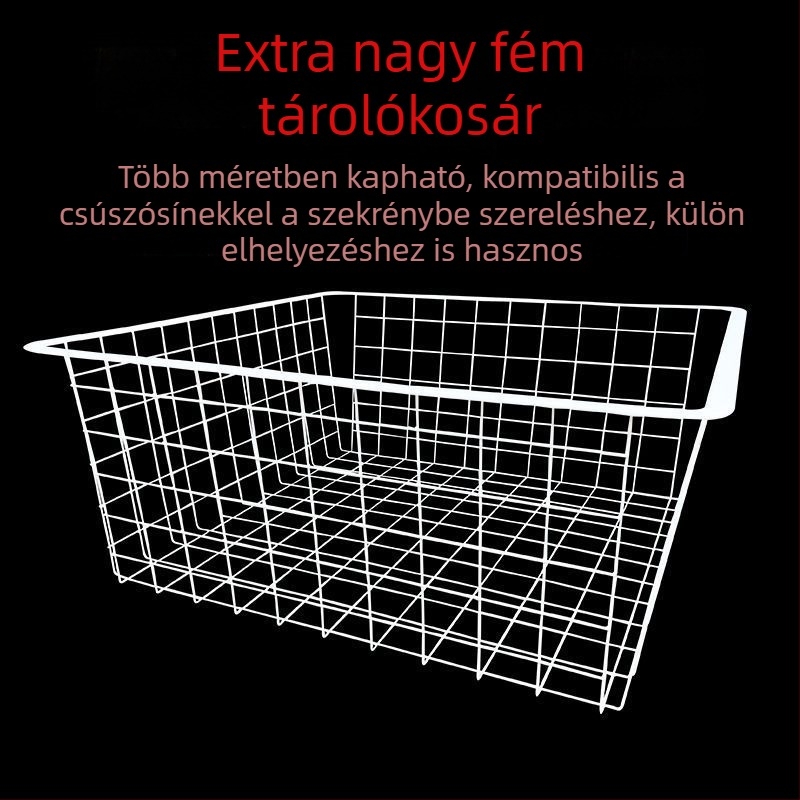 Extra nagy ruhásszekrény tárolókosár, nassolnivaló szervező, kovácsoltvas stílusú, húzható tároló mély szekrényhez