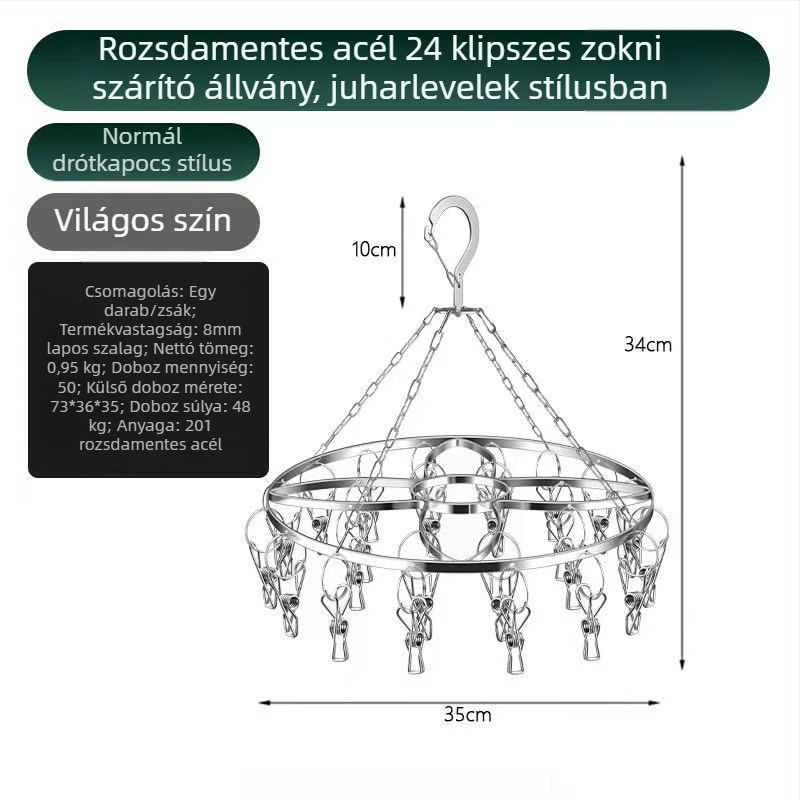 Rozsdamentes acél lapos rúd zokniszárító 24 klipekkel – zoknik és alsóneműk szárítására