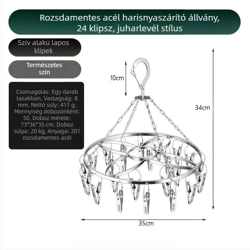 Rozsdamentes acél lapos rúd zokniszárító 24 klipekkel – zoknik és alsóneműk szárítására