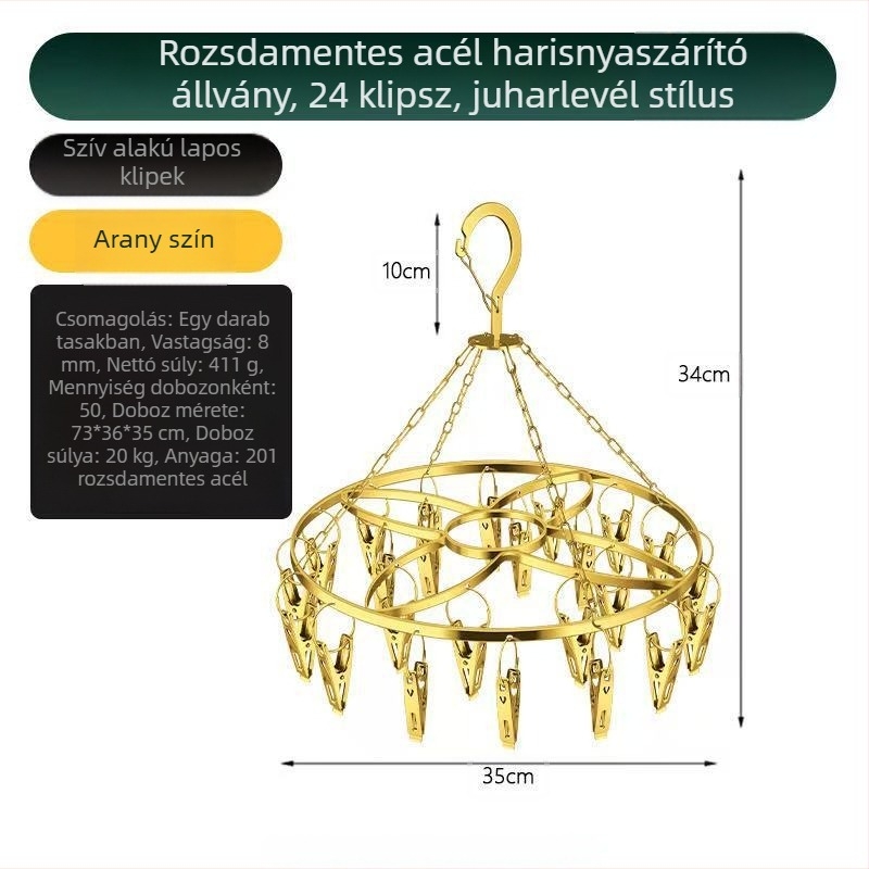 Rozsdamentes acél lapos rúd zokniszárító 24 klipekkel – zoknik és alsóneműk szárítására