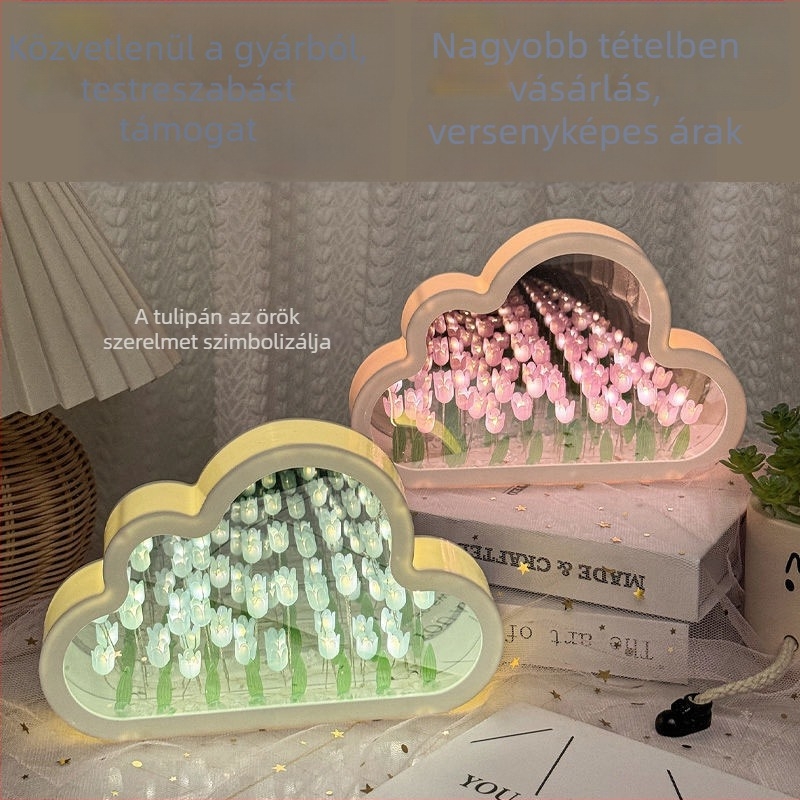 Cloud Tulip éjjeli lámpa – DIY kézműves, tükrös virágos tenger hatású dekor, asztali dísz, kreatív ajándék