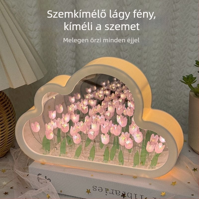 Cloud Tulip éjjeli lámpa – DIY kézműves, tükrös virágos tenger hatású dekor, asztali dísz, kreatív ajándék