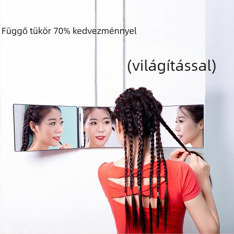Háromoldalú LED sminktükör, hajtogatható, újratölthető, fürdőszobai falra szerelhető