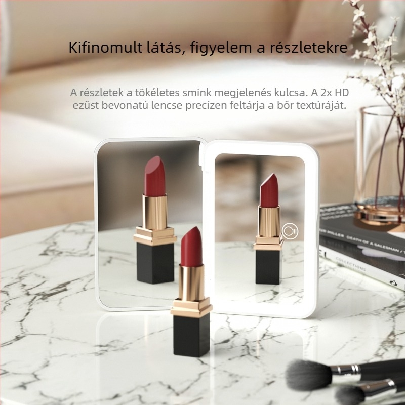 Kompakt sminktükör háromszínű LED világítással, kézben tartható, hordozható, összecsukható, 2x nagyítás, HD minőség