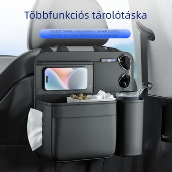 Bőr autóhátsó üléshez való tároló táska — függőleges rendező, zsebkendő tartóval, méretei 37×12×35 cm