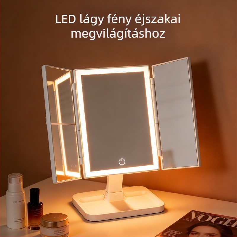 LED világítású sminktükör, összecsukható asztali kivitel, többfunkciós okos tükör