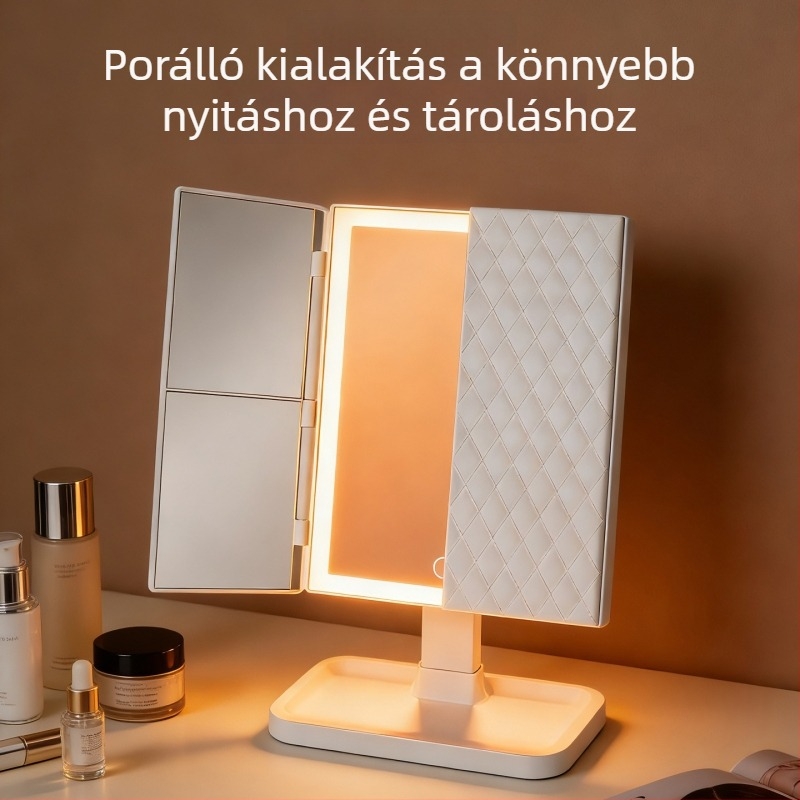 LED világítású sminktükör, összecsukható asztali kivitel, többfunkciós okos tükör