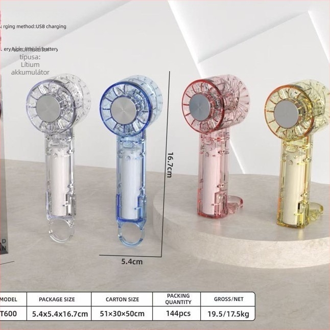 Átlátszó kézi ventilátor, karabinerrel, hordozható mini zsebventilátor kültéri használatra