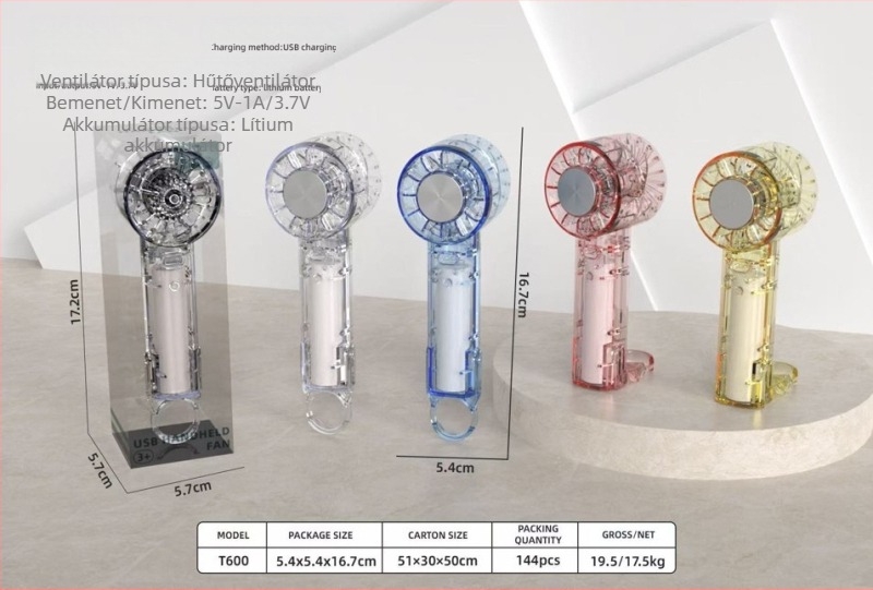 Átlátszó kézi ventilátor, karabinerrel, hordozható mini zsebventilátor kültéri használatra