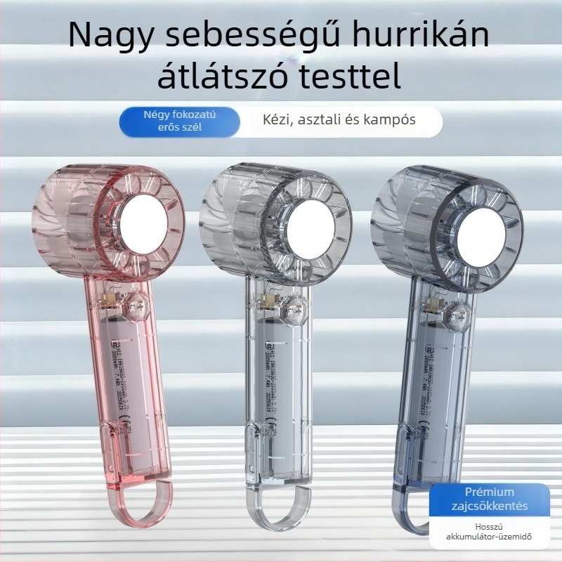 Átlátszó kézi ventilátor, karabinerrel, hordozható mini zsebventilátor kültéri használatra