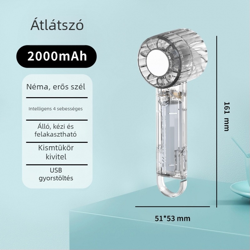 Átlátszó kézi ventilátor, karabinerrel, hordozható mini zsebventilátor kültéri használatra
