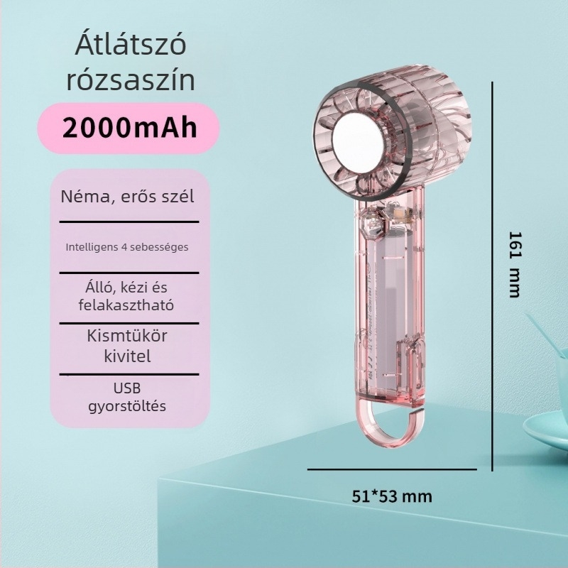 Átlátszó kézi ventilátor, karabinerrel, hordozható mini zsebventilátor kültéri használatra