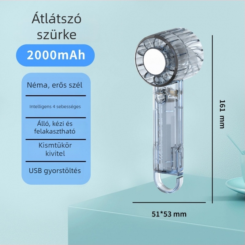Átlátszó kézi ventilátor, karabinerrel, hordozható mini zsebventilátor kültéri használatra