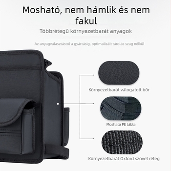 Bőr autóülés középső rekeszéhez tervezett szervező, függő tárolóháló és zsebkendőtartó