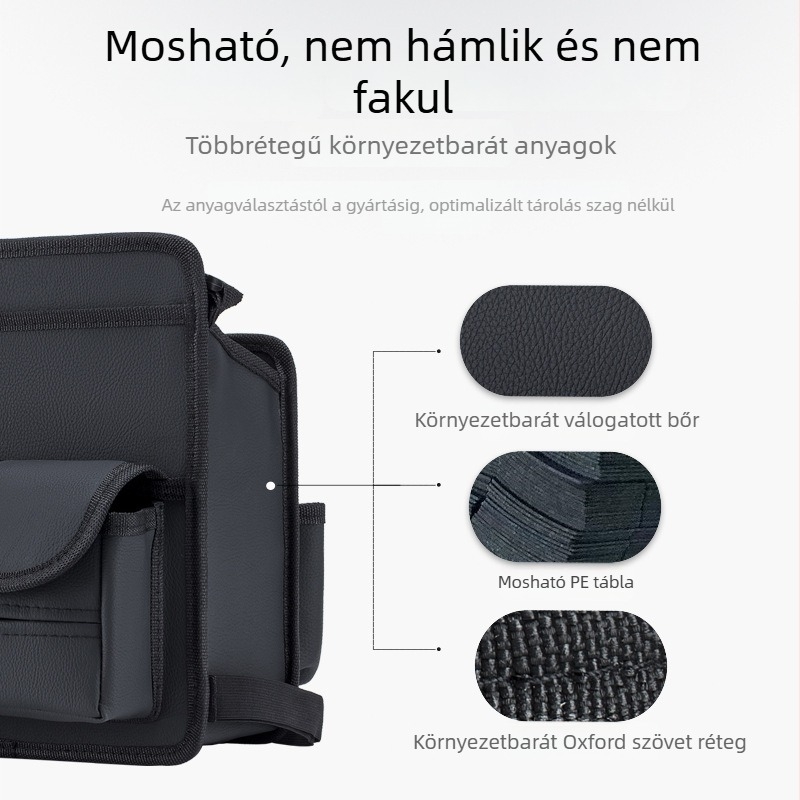 Bőr autóülés középső rekeszéhez tervezett szervező, függő tárolóháló és zsebkendőtartó