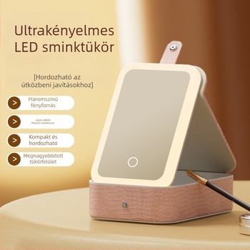 Hordozható LED sminktükör háromszínű világítással, asztali kivitel, nagy kapacitású összecsukható kozmetikai tároló