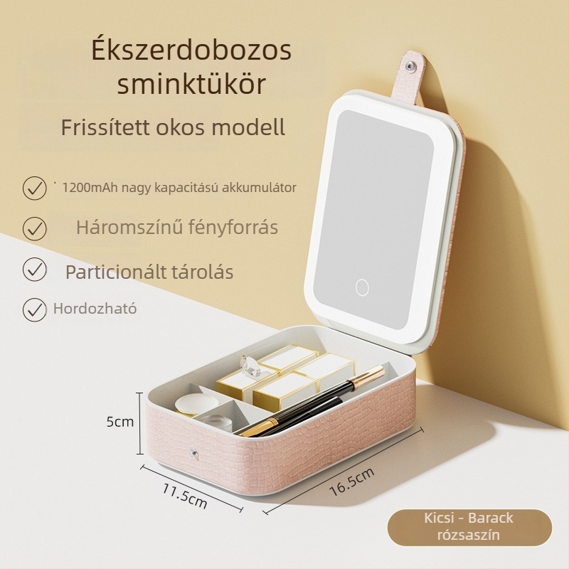 Hordozható LED sminktükör háromszínű világítással, asztali kivitel, nagy kapacitású összecsukható kozmetikai tároló