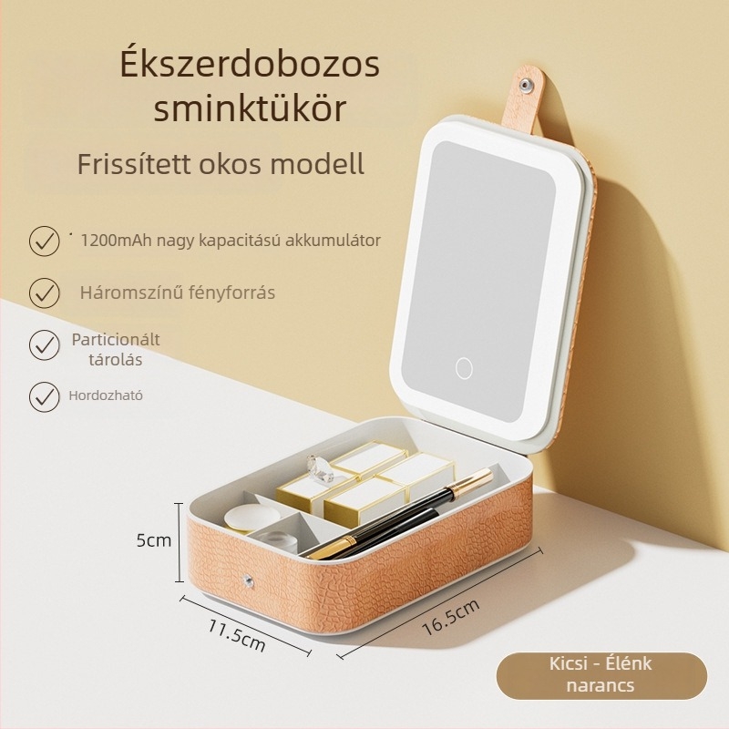 Hordozható LED sminktükör háromszínű világítással, asztali kivitel, nagy kapacitású összecsukható kozmetikai tároló