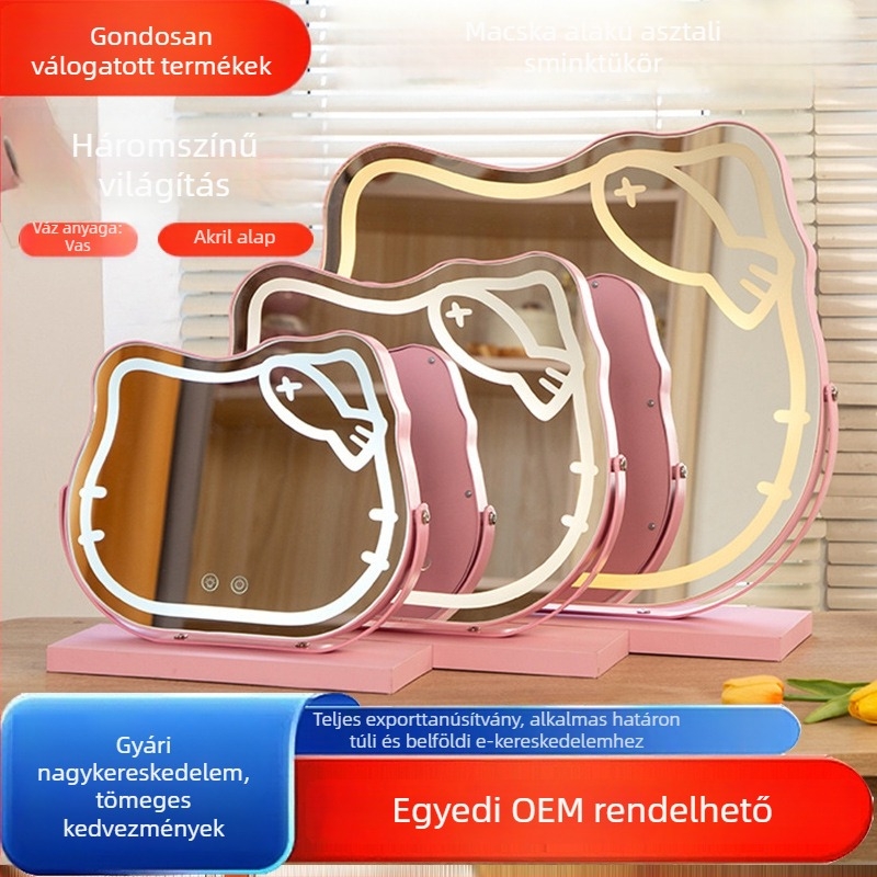 Macskafej alakú asztali LED sminktükör világítással, újratölthető, otthoni használatra
