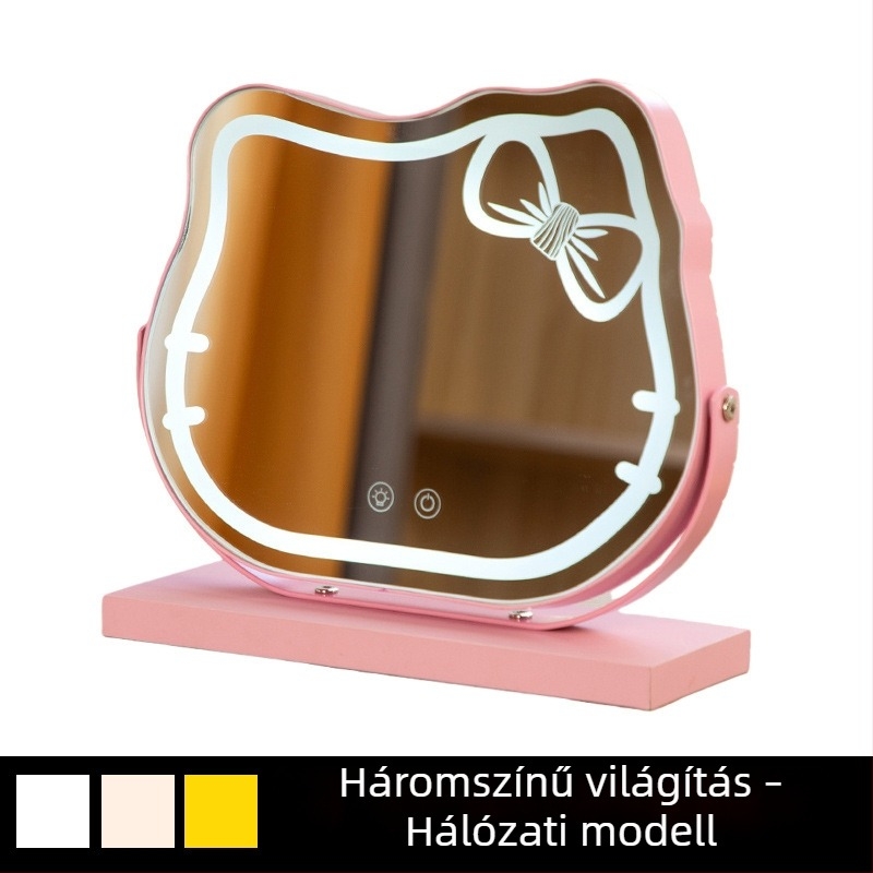 Macskafej alakú asztali LED sminktükör világítással, újratölthető, otthoni használatra