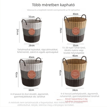 Műanyag fonott kosár szennyes ruhákhoz, rattan hatású dizájnnal, ruhák tárolására és játékok rendszerezésére