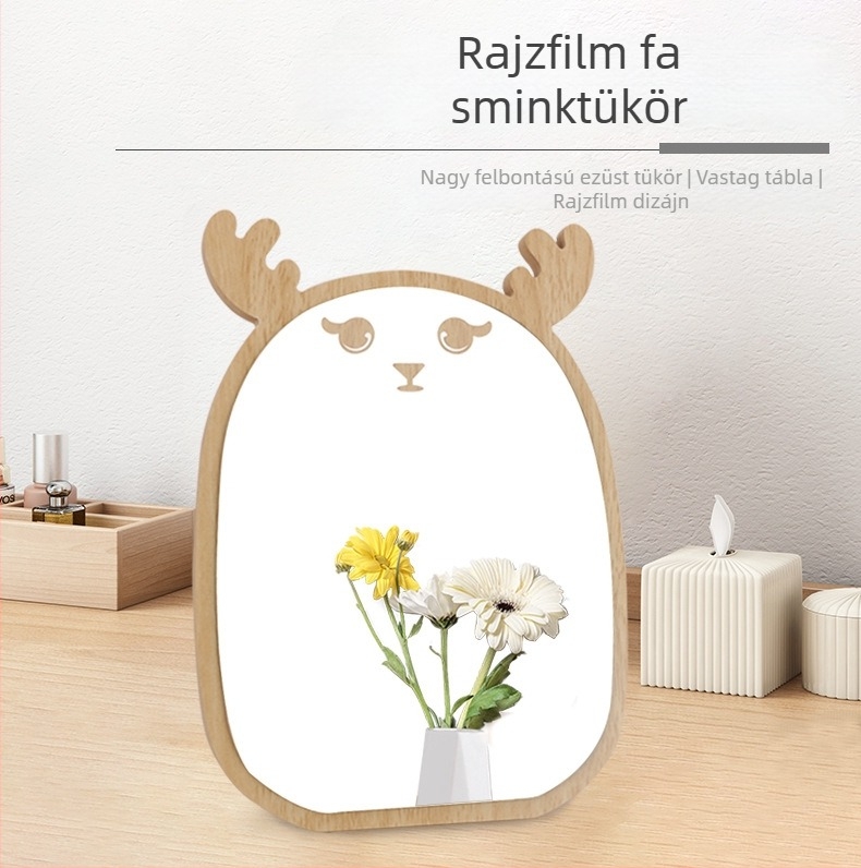 Fa sminktükör aranyos rajzfilm dizájnnal, összecsukható és hordozható, asztali tükör hálószoba és diákszállás számára