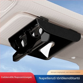 Autó napellenzőhöz rögzíthető, multifunkcionális zsepiadoboz kártyatartóval és szemüvegtartóval