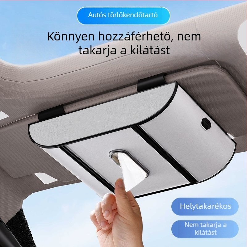 Autó napellenzőhöz rögzíthető, multifunkcionális zsepiadoboz kártyatartóval és szemüvegtartóval