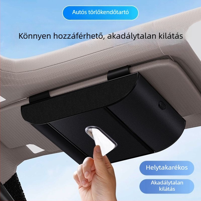 Autó napellenzőhöz rögzíthető, multifunkcionális zsepiadoboz kártyatartóval és szemüvegtartóval