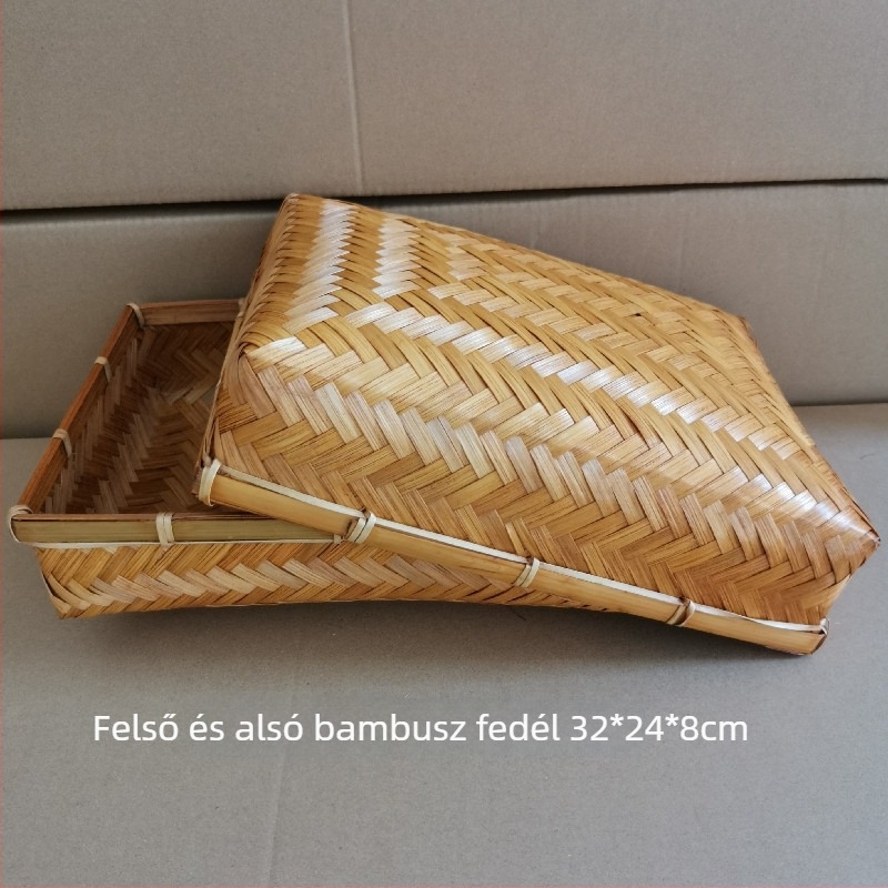 Fedéllel ellátott bambusz kosár, kézzel szőtt teás- és zongzi tároló