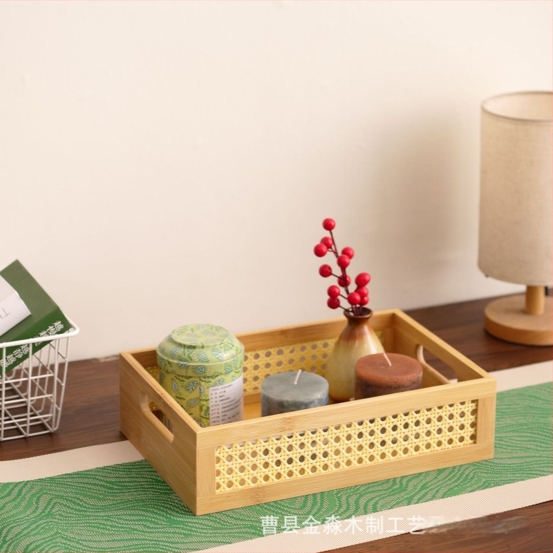 Tömörfa tárolókosár, téglalap alakú, rattan fonat, nyitott mintázatú, előszobába