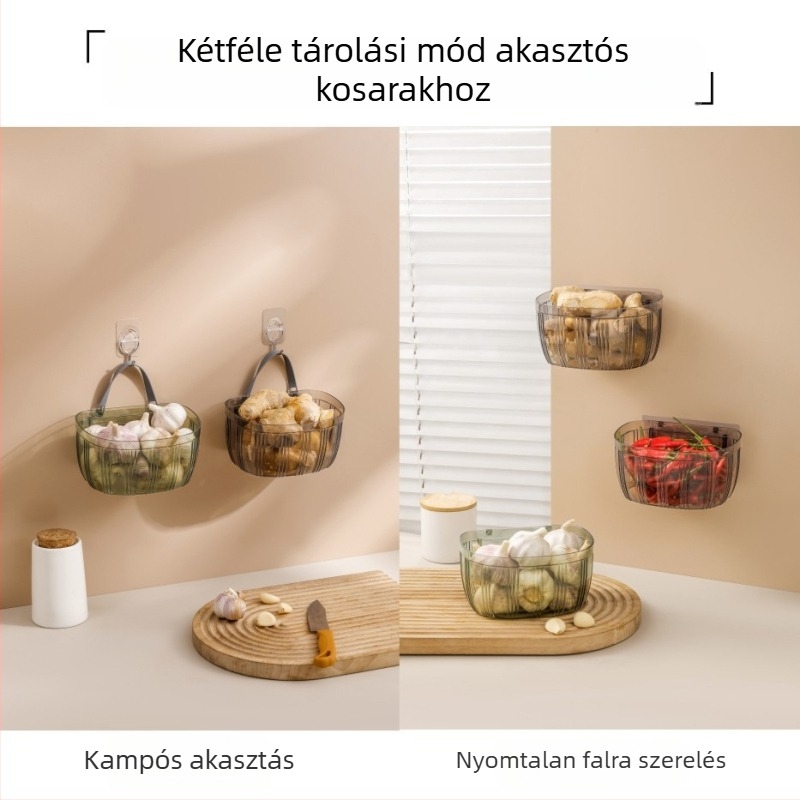 Fali tárolókosár fokhagyma és gyömbér számára ragasztó hátlappal – konyhai szervező