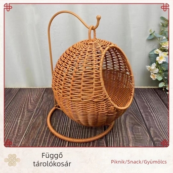 Műanyagból készült, imitált rattan szövésű kreatív macska ketrec-stílusú tárolókosár gyümölcsökhöz, nassolnivalókhoz és desszertekhez, dohányzóasztalhoz