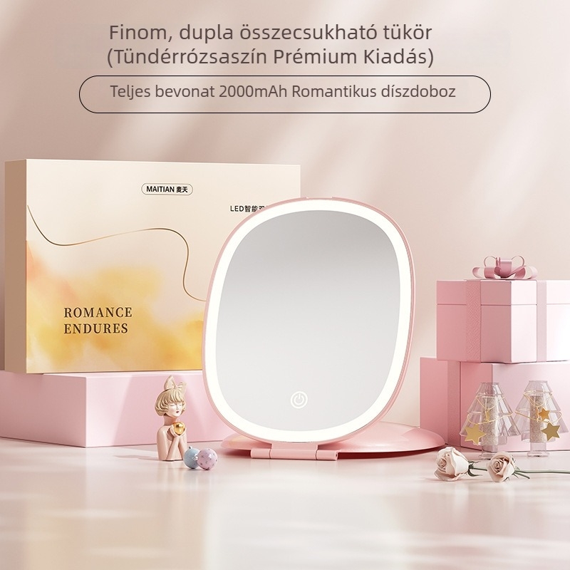 LED összecsukható, hordozható sminktükör beépített világítással, asztali sminktükör