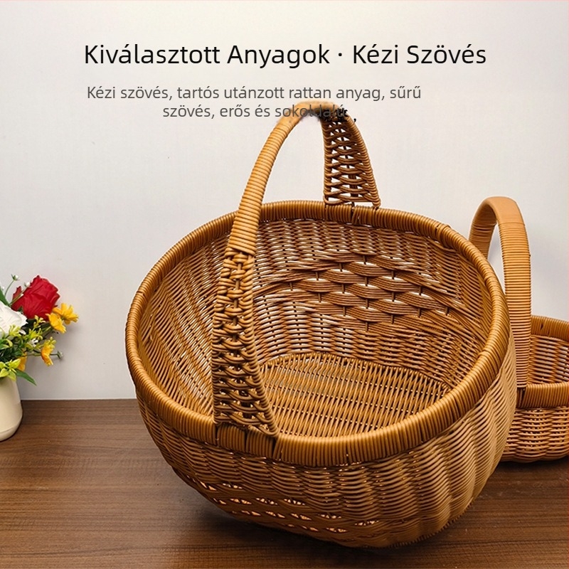 Mesterséges rattanból készült gyümölcs- és zöldségkosár, tojáskosár és kézben vihető, piknikre és háztartási használatra
