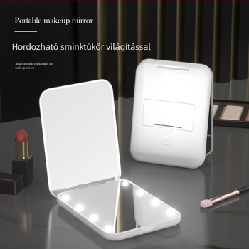 Kisméretű LED sminktükör világítással, négyzet formájú, kézben tartható, összecsukható, 2x nagyítás