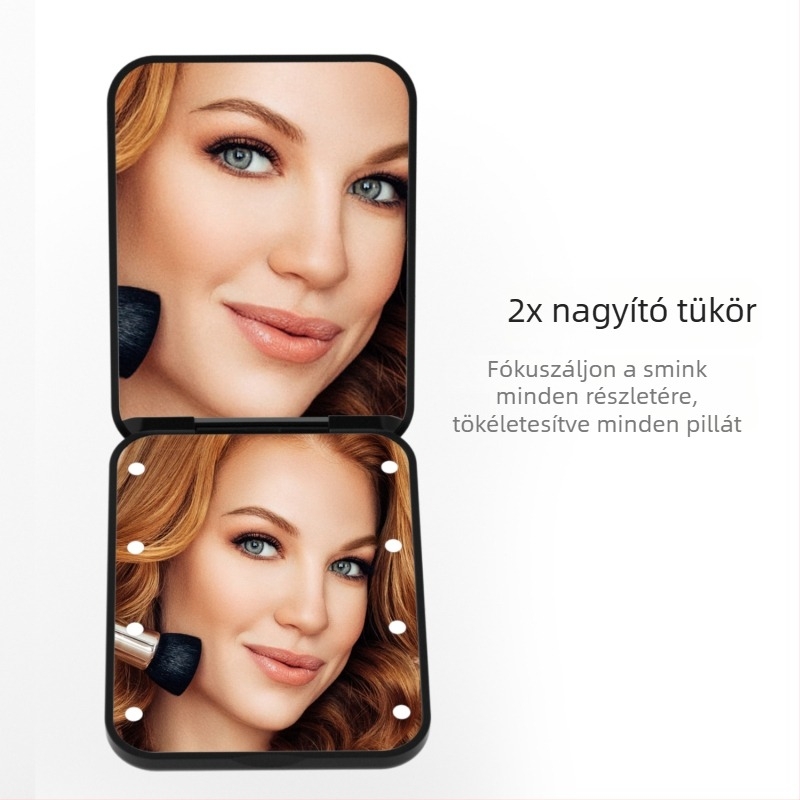 Kisméretű LED sminktükör világítással, négyzet formájú, kézben tartható, összecsukható, 2x nagyítás