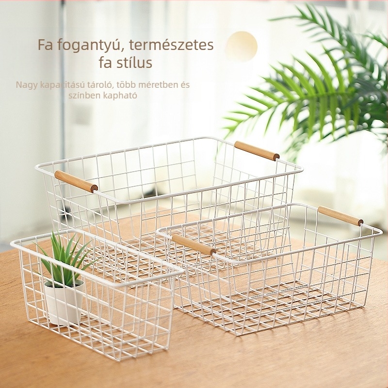 Minimalista vas tárolókosár fa fogantyúval – nappalira és íróasztalhoz