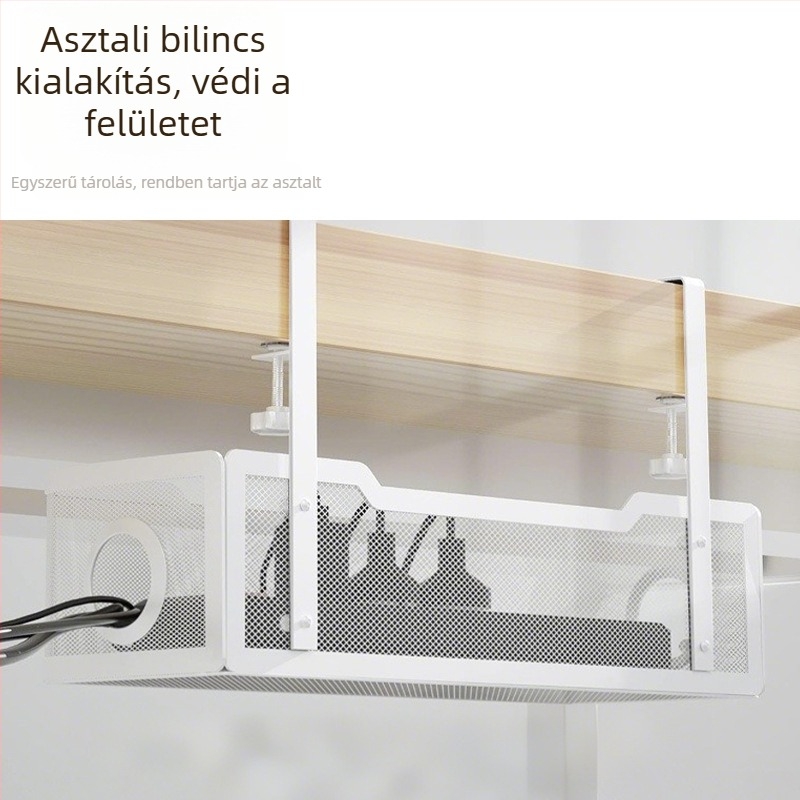 Fém anyagból készült kábelkezelő és tároló az íróasztal alatt, függő kosárral és konnektor szervezővel